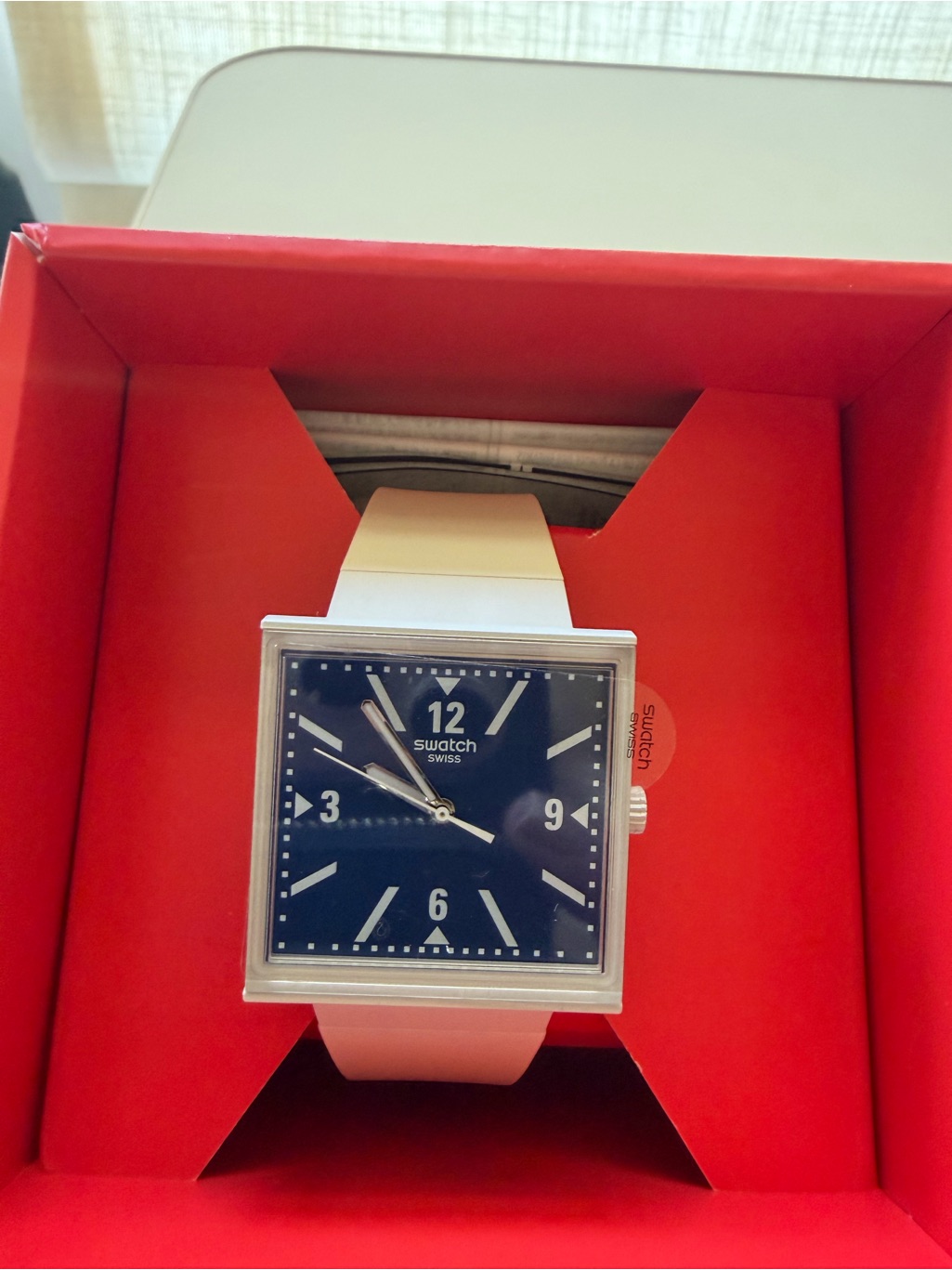 Swatch Menâs Square Navy Dial White Strap Watch-Trump Tariff Watch